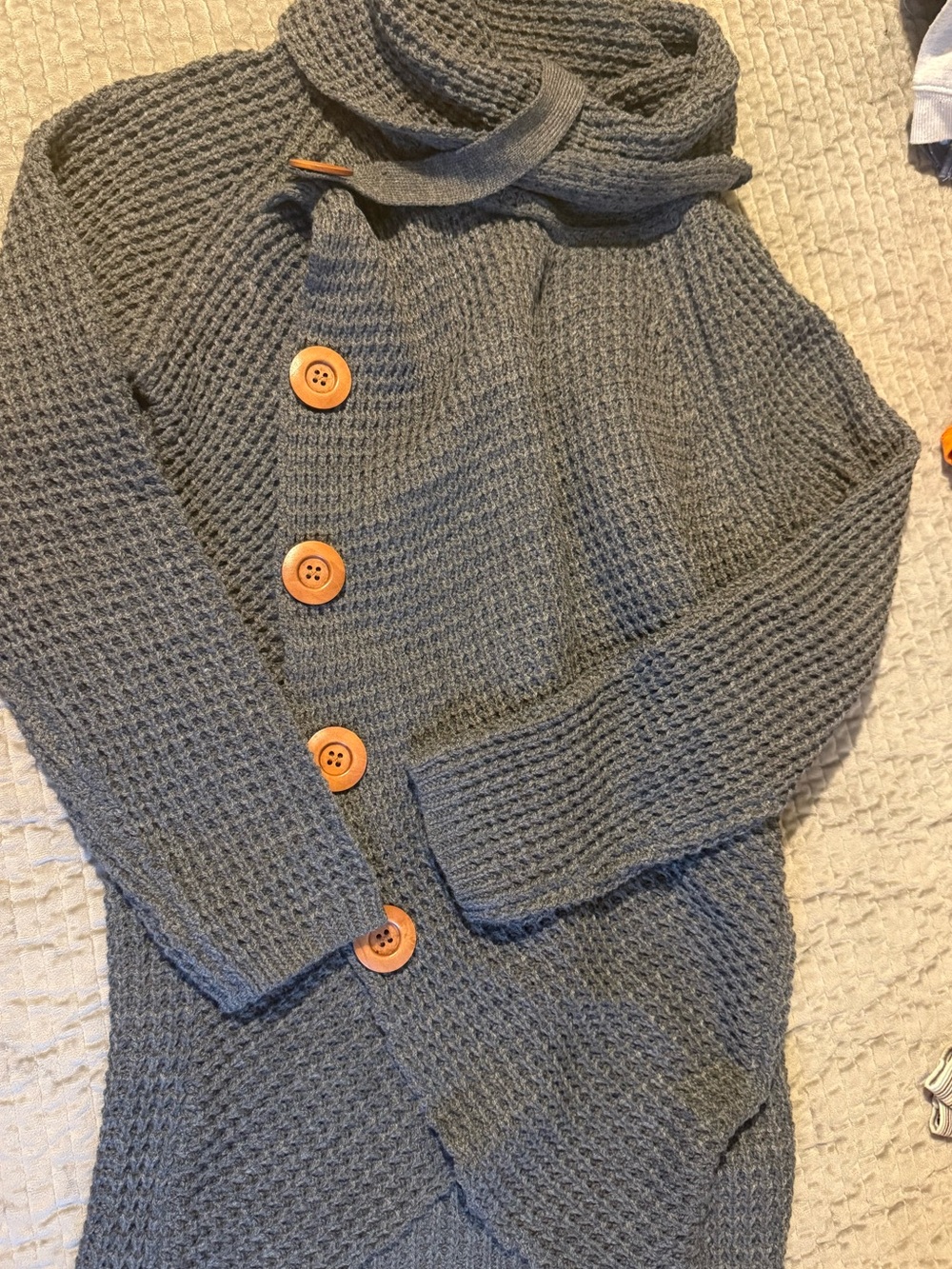 Gray Knit Button-Front Women’s Sweater with Scarf Detail